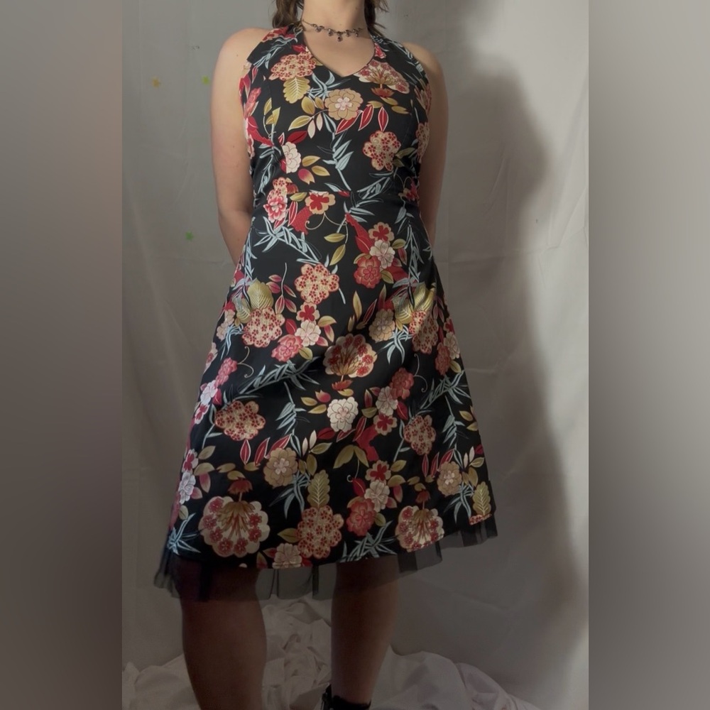 Y2K Black Floral Hawaii Tulle Whimsigoth Fairy Grunge Halter Dress Size M-L - Picture 11 of 16